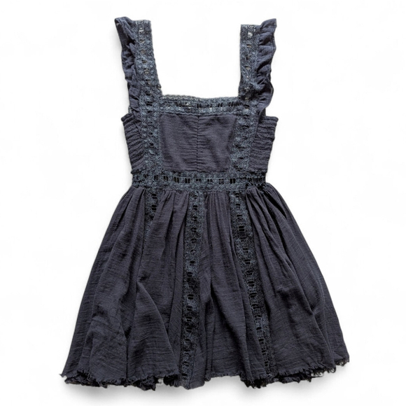Free People Verona Black Mini Raw Hem Dress S Boho Lace Cottagecore Favorite - Picture 5 of 16